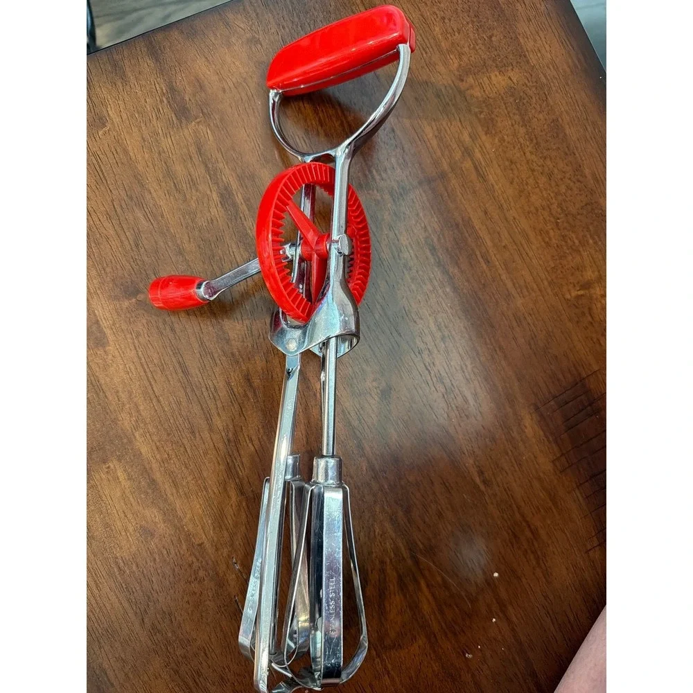 Vintage Stainless Steel Red Manual Mixer Kitchen Tool